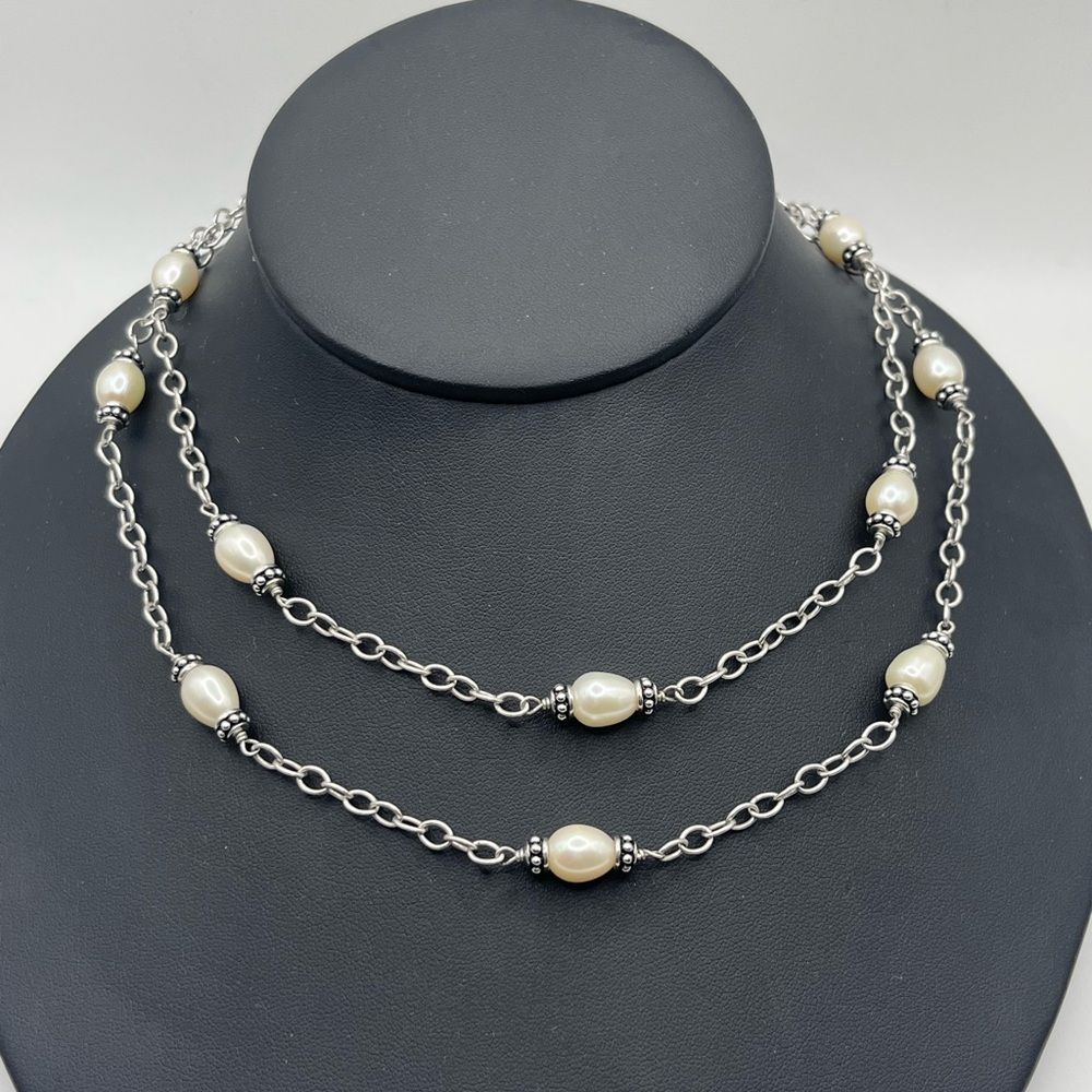 Sterling station necklace with freshwater pearl accents. 36” long - Picture 2 of 5